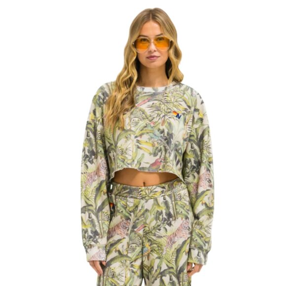 Aviator Nation Jungle Cropped Sweatshirt Pullover Womens XL Green Long Sleeve AN - Picture 1 of 12